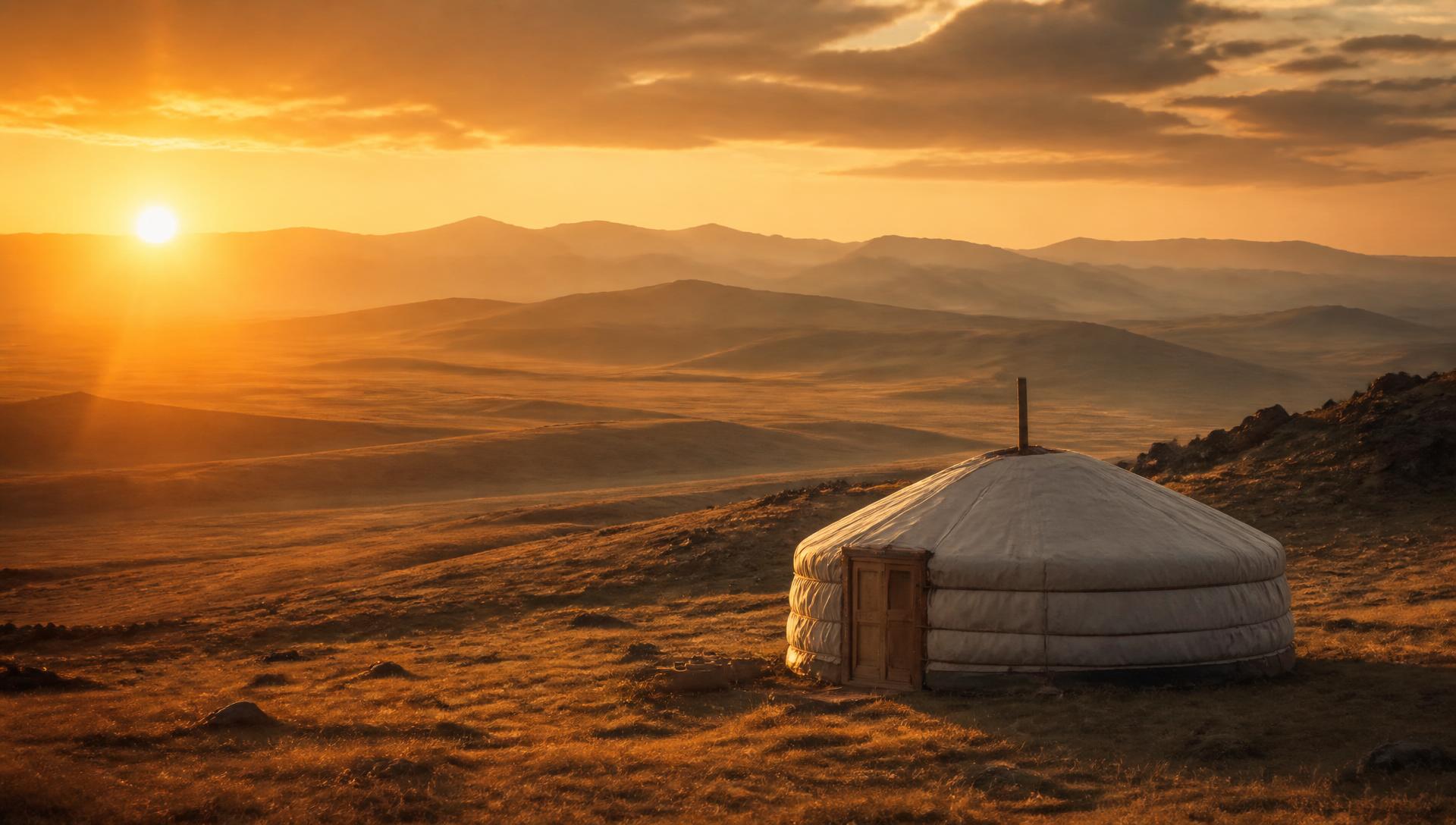 Mongolian steppe at golden hour with a traditional ger
